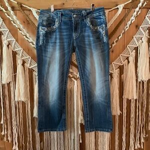 Miss Me Distressed Jeweled Signature Cuffed Capri Denim Size 30